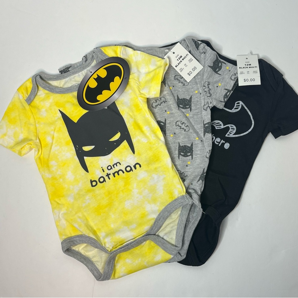 DC Comics 3 Baby Boy Batman Superhero Bodysuit Set Yellow Black Gray Lot New!
